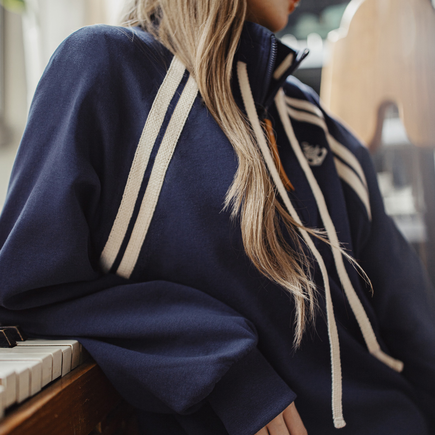 美式復古學院風藏青色半拉鍊立翻高領套頭長袖無帽衛衣女士秋