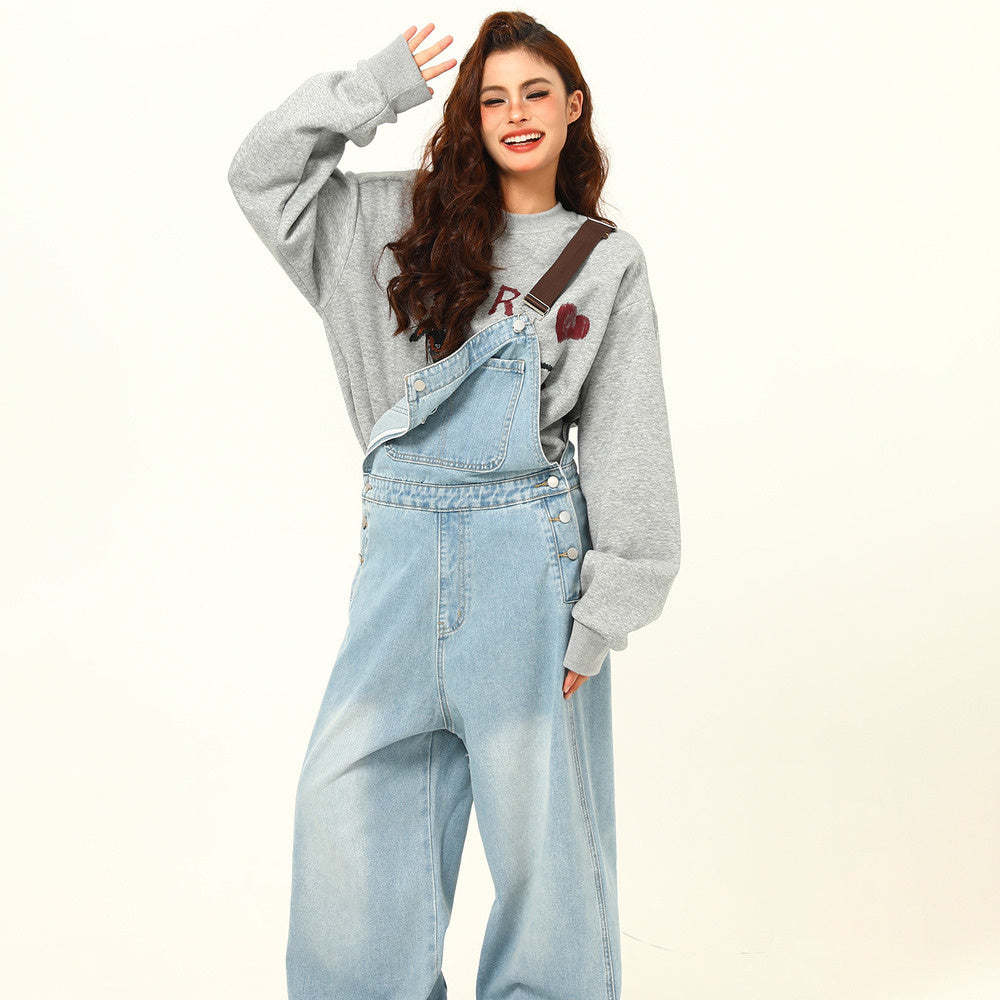 美式復古水洗淺藍色倒裝背帶褲女秋季寬鬆闊腿連體褲子