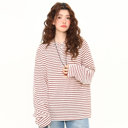 美式復古亨利領條紋長袖T恤女春夏輕薄寬鬆慵懶防曬罩衫