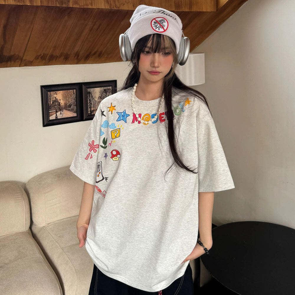 美式手繪塗鴉字母印花短袖女夏季新款寬鬆休閒T恤