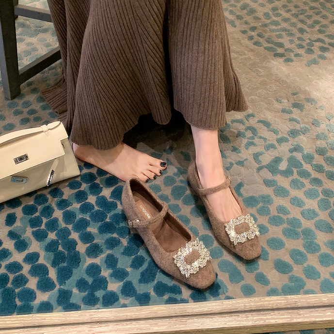 鑽扣小方頭絨裏一字帶保暖毛呢粗跟瑪麗珍單鞋女