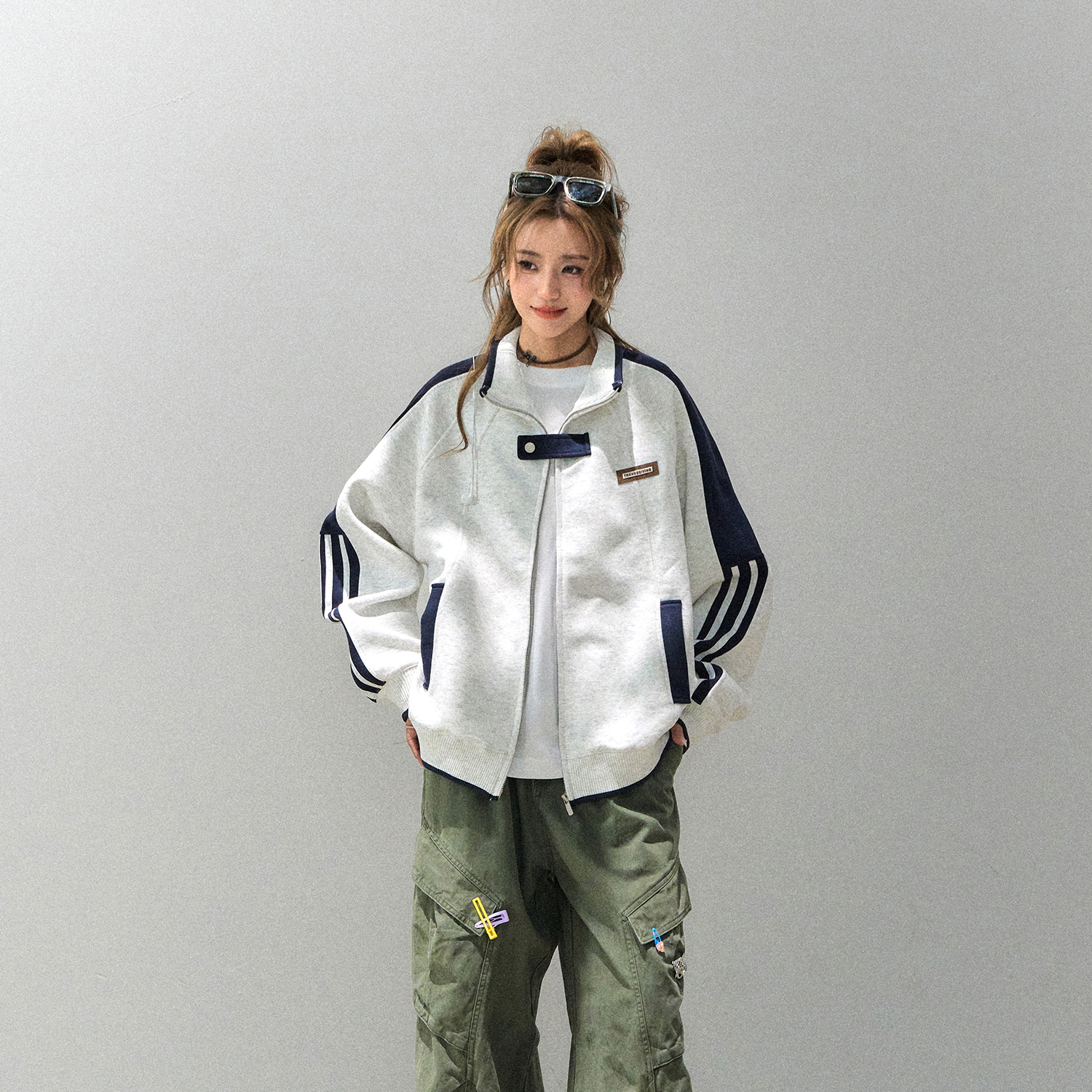 重磅400G拼接立領外套女款秋季美式慵懶chic休閒夾克