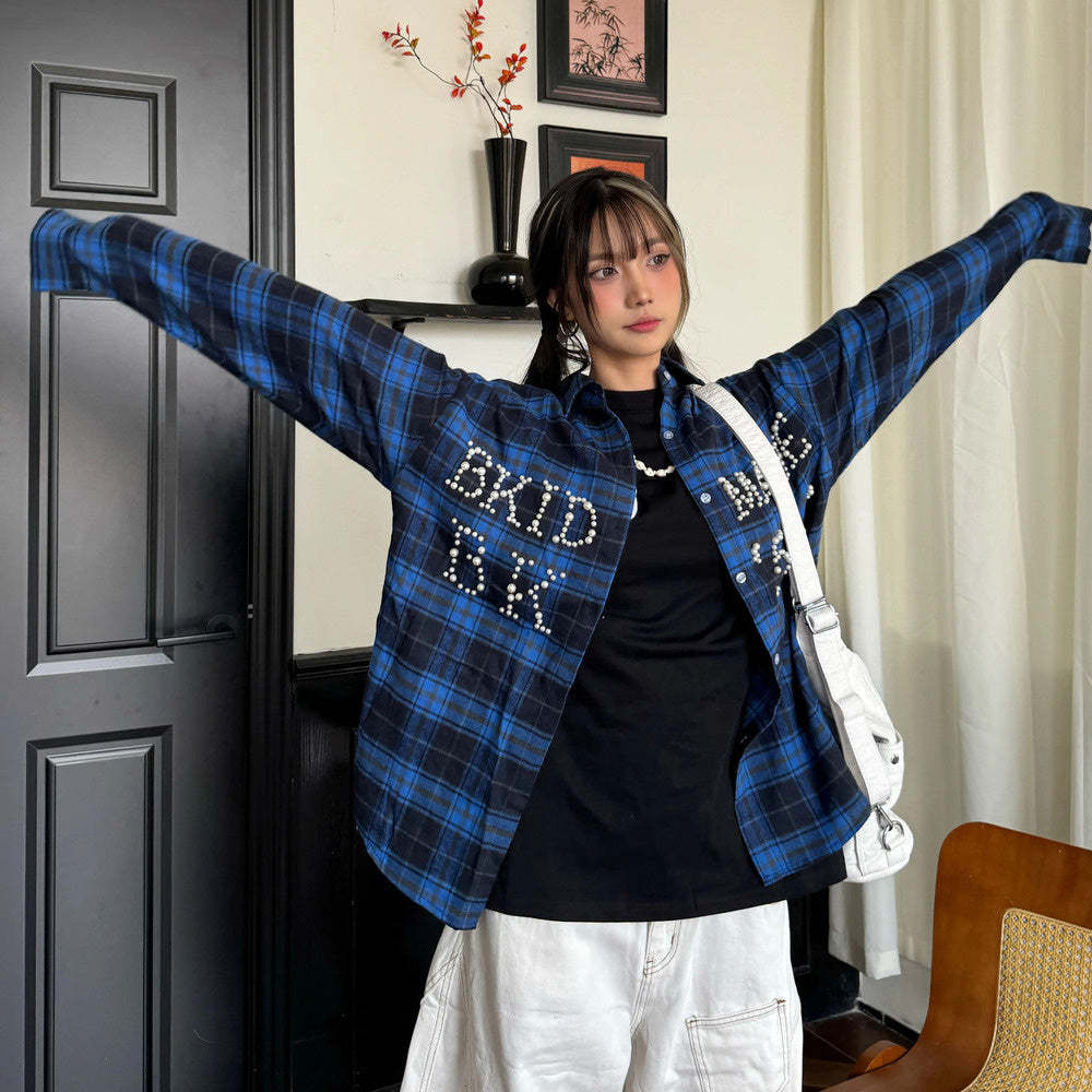 美式復古珍珠字母格紋襯衫長袖春夏休閒女同款外套襯衣