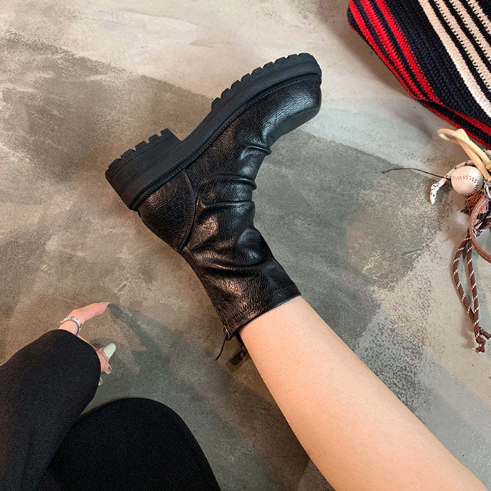 時髦粗跟厚底瘦瘦靴圓頭褶皺後拉鍊堆堆短靴女春秋