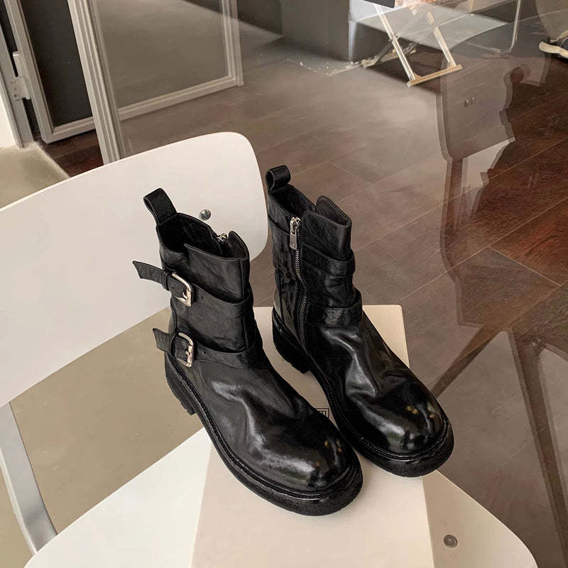 一字扣帶厚底水洗縮紋馬皮瘦瘦短靴女