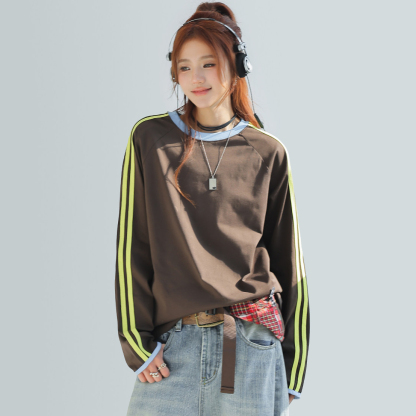 美式復古撞色拼接條紋長袖t恤女索羅娜圓領寬鬆上衣