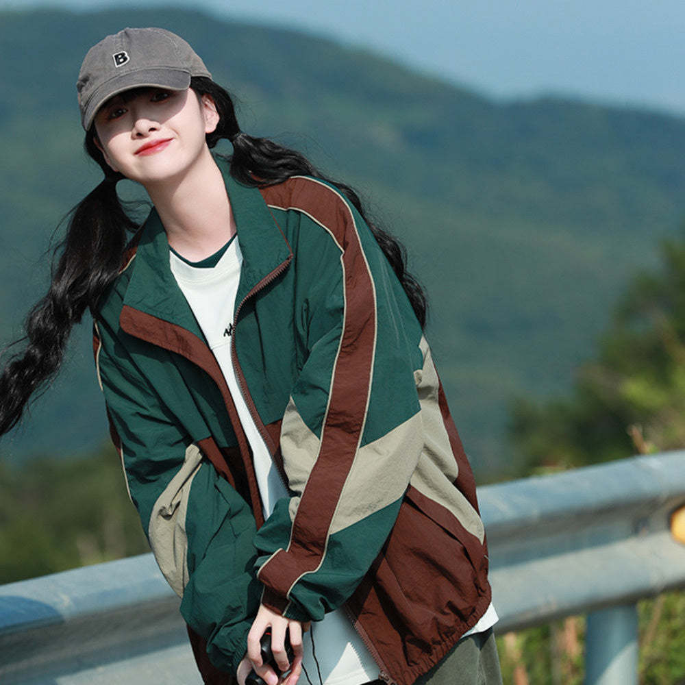 戶外防潑水工裝衝鋒衣外套女街頭潮牌拼接撞色休閒夾克秋