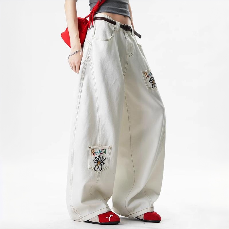 白色小雛菊彩繪印花彎刀牛仔褲女2026春季復古多口袋解構闊腿褲
