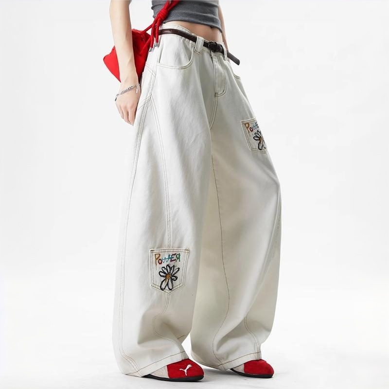 白色小雛菊彩繪印花彎刀牛仔褲女2026春季復古多口袋解構闊腿褲