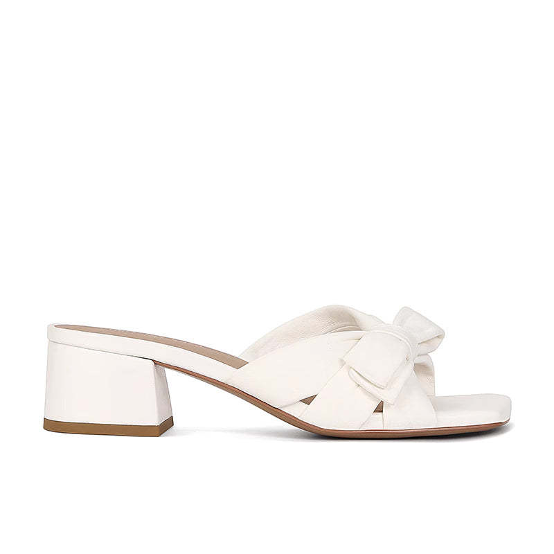 方頭蝴蝶結粗跟拖鞋女羊皮褶皺露趾穆勒一字涼拖外穿夏