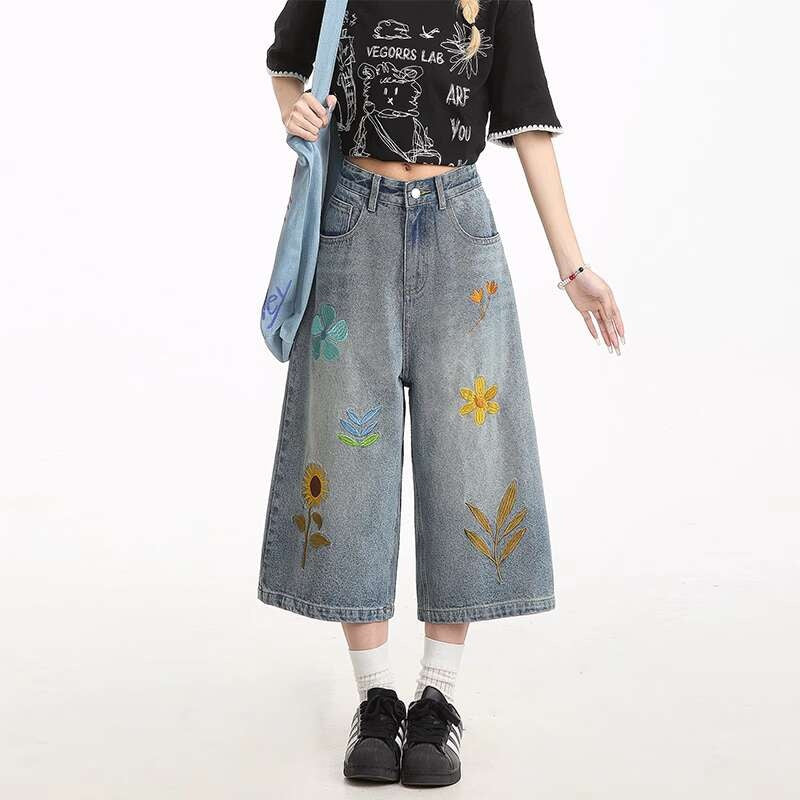美式復古花卉刺繡高街小眾寬鬆直筒闊腿七分褲牛仔短褲女