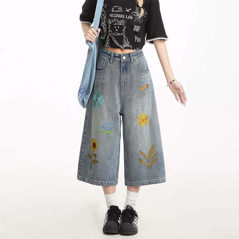 美式復古花卉刺繡高街小眾寬鬆直筒闊腿七分褲牛仔短褲女