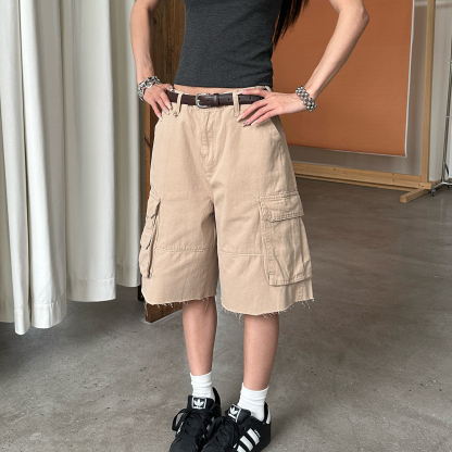 美式休閒工裝七分褲女夏季寬鬆百搭中褲