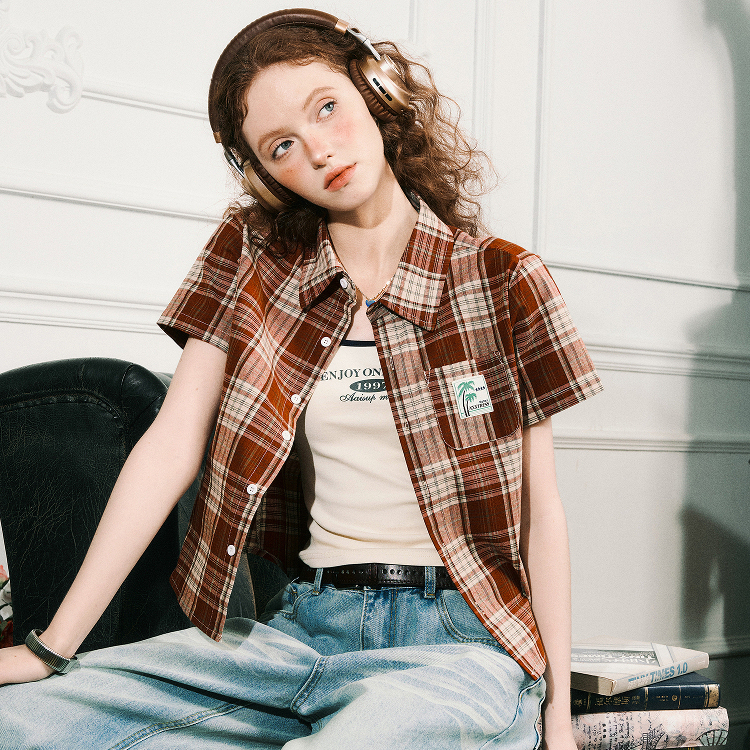美式短款純棉短袖襯衫女夏新款顯瘦格子半袖襯衫外套