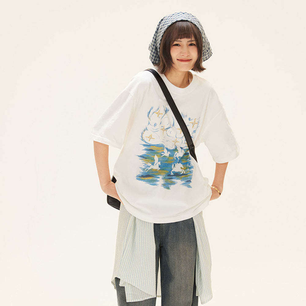 天馬塗鴉印花圓領短袖T恤女潮牌寬鬆休閒百搭T恤