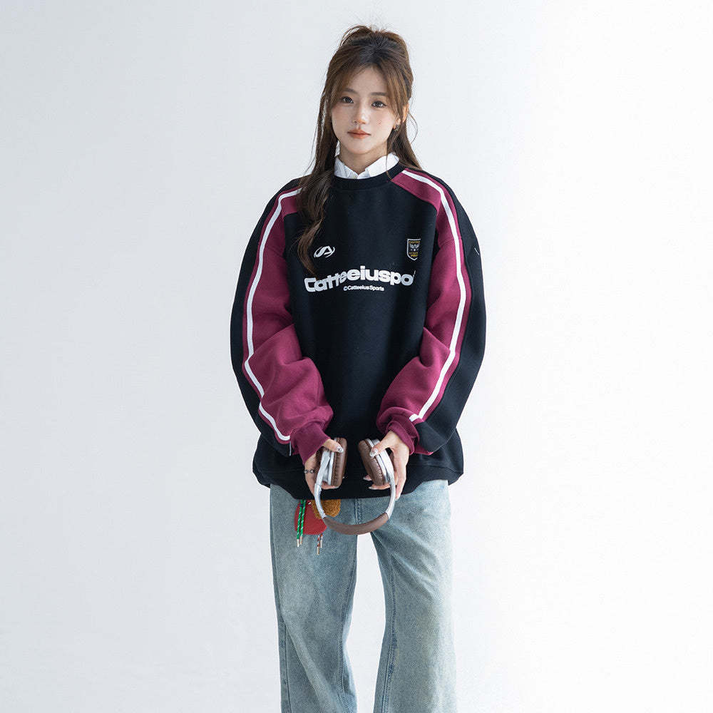 圓領衛衣女春秋oversize潮牌高級感印花拼色寬鬆上衣