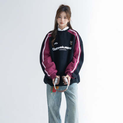 圓領衛衣女春秋oversize潮牌高級感印花拼色寬鬆上衣