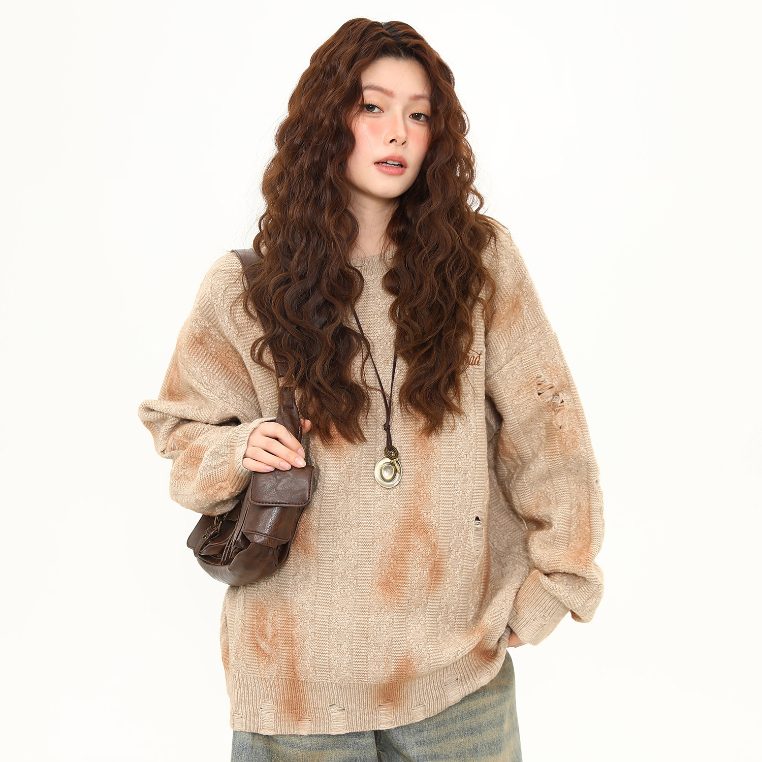 美式復古噴繪紮染毛衣女秋冬新款慵懶風套頭寬鬆針織衫