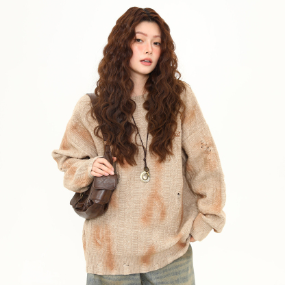 美式復古噴繪紮染毛衣女秋冬新款慵懶風套頭寬鬆針織衫