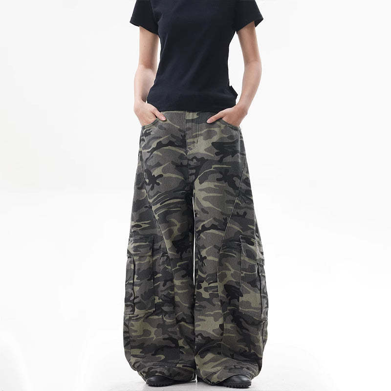 美式復古迷彩闊腿工裝褲女潮牌寬鬆反穿設計感彎刀牛仔褲