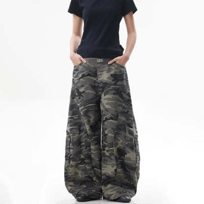 美式復古迷彩闊腿工裝褲女潮牌寬鬆反穿設計感彎刀牛仔褲