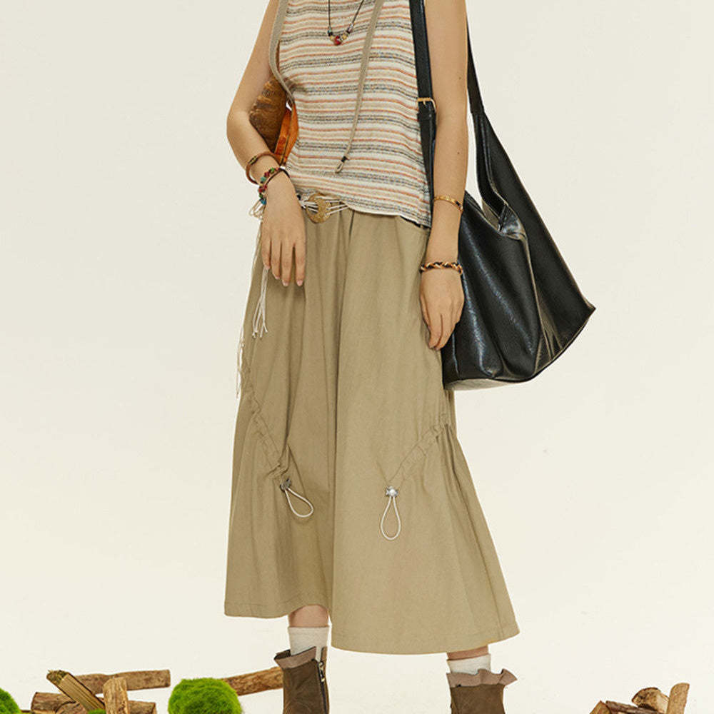 夏季新款設計感錯位抽繩半身裙復古顯瘦A字裙