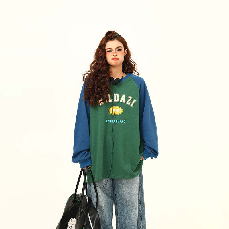 美式復古vintage字母圓領衛衣女秋寬鬆百搭上衣