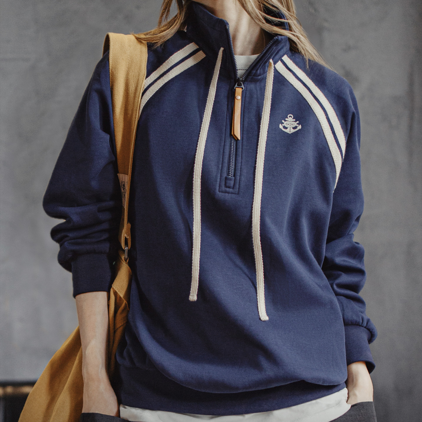 美式復古學院風藏青色半拉鍊立翻高領套頭長袖無帽衛衣女士秋