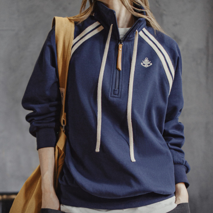美式復古學院風藏青色半拉鍊立翻高領套頭長袖無帽衛衣女士秋