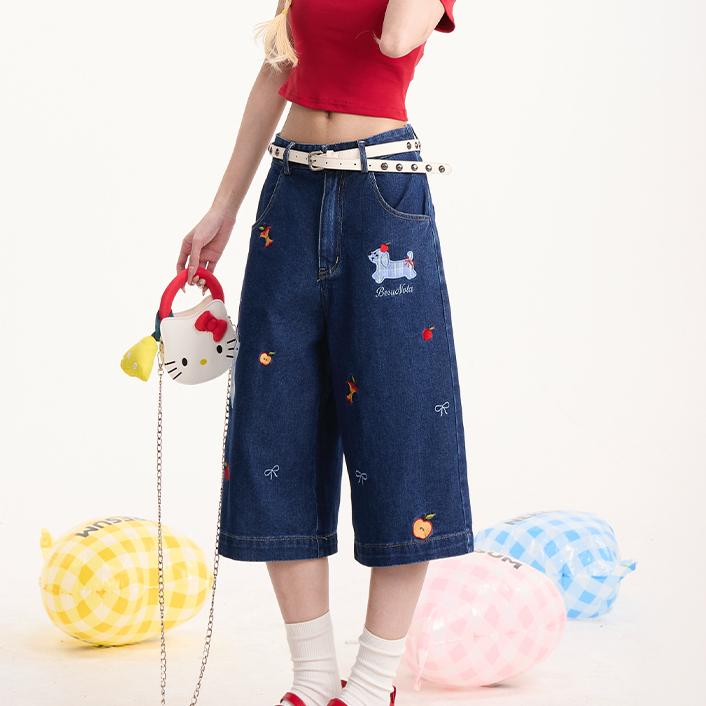 格紋小狗貼布七分牛仔褲女美式復古慵懶小眾闊腿顯瘦短褲