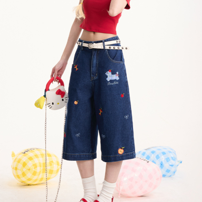 格紋小狗貼布七分牛仔褲女美式復古慵懶小眾闊腿顯瘦短褲