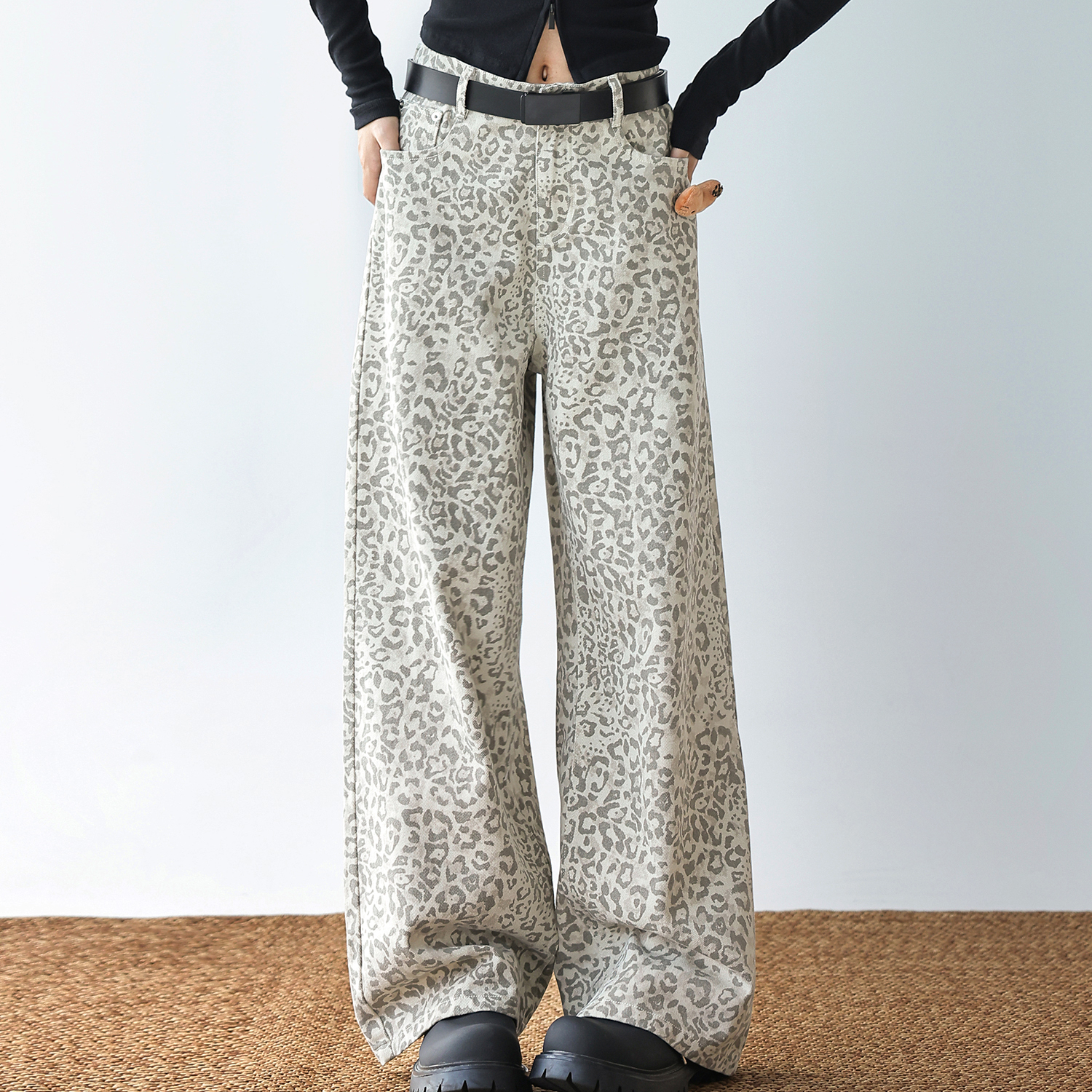 美式復古豹紋牛仔褲女小個子梨型身材褲子直筒寬鬆闊腿褲