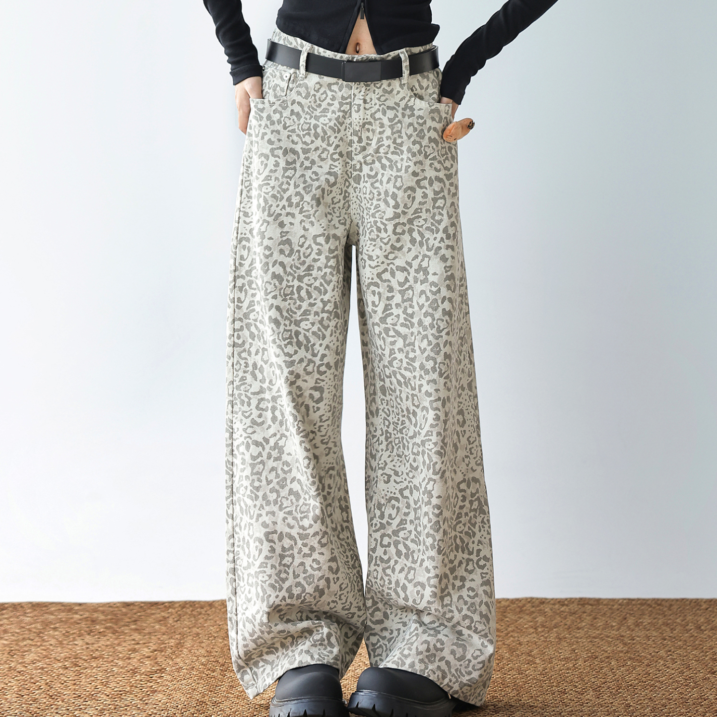 美式復古豹紋牛仔褲女小個子梨型身材褲子直筒寬鬆闊腿褲