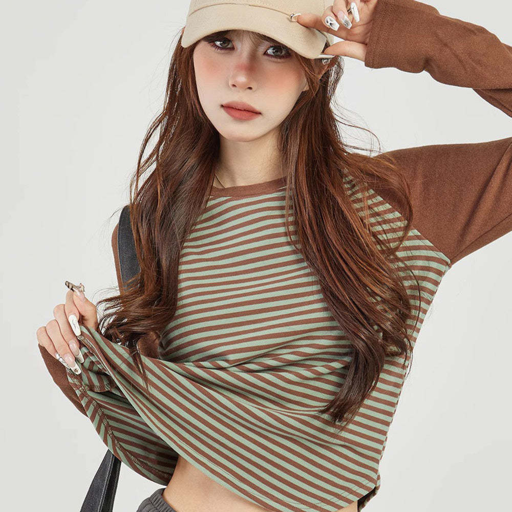 條紋插肩長袖t恤女早秋秋季正肩內搭打底衫修身短款上衣