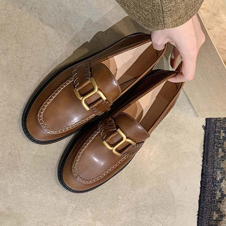 英倫復古風樂福鞋女新款平底單鞋咖色一脚蹬厚底小皮鞋