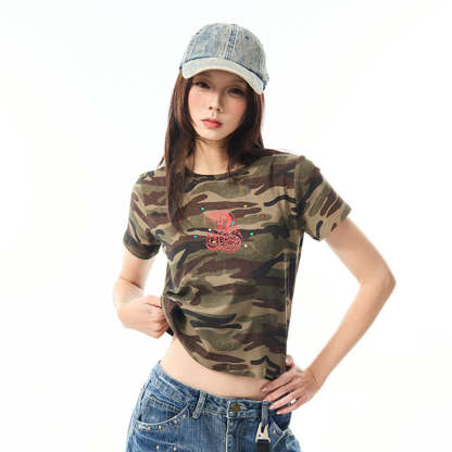 美式復古蛇年燙鑽迷彩正肩短袖t恤女夏季辣妹修身短款上衣