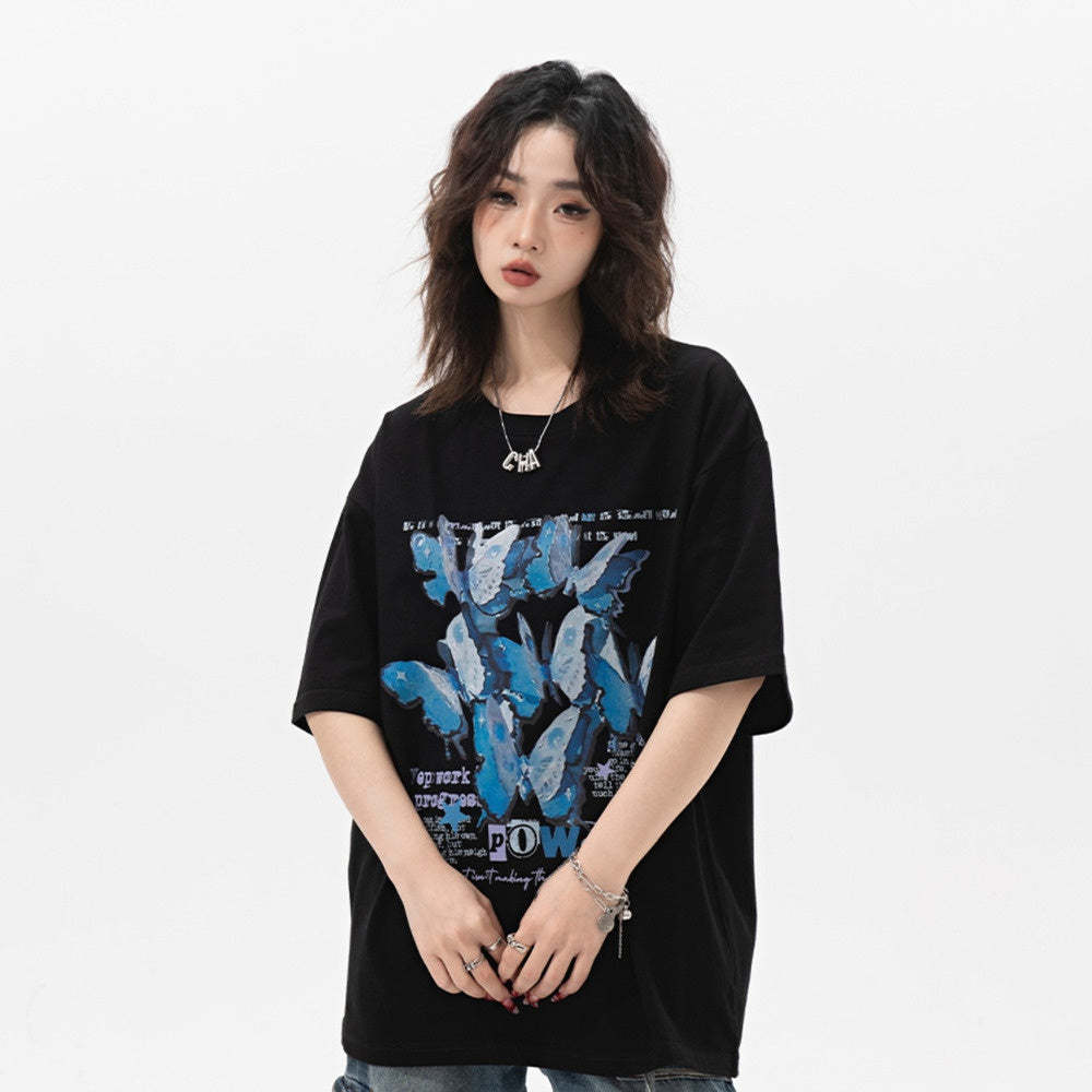 復古蝴蝶印花短袖t恤女夏季2025新款純棉國潮寬鬆半袖上衣
