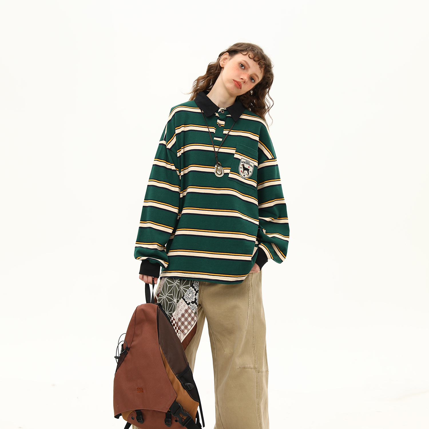 美式復古學院風條紋長袖T恤女秋季polo衫翻領寬鬆上衣