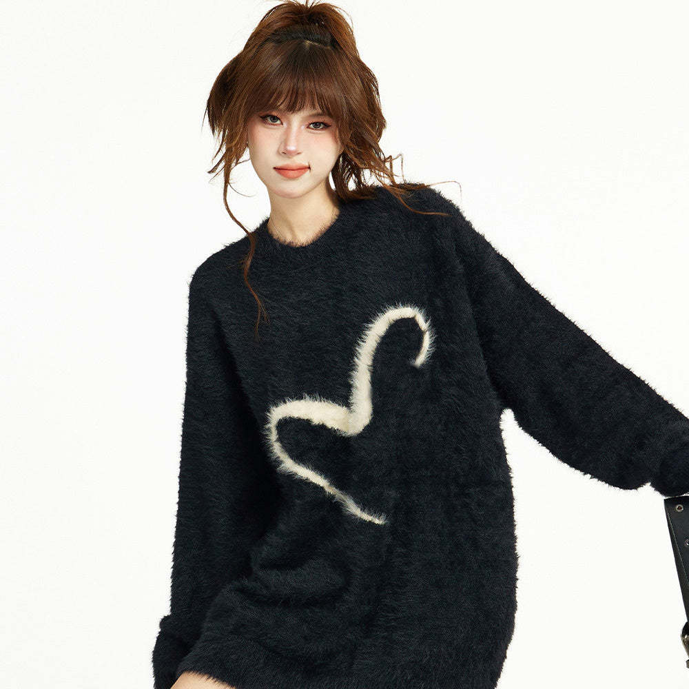 黑色套頭毛衣女秋冬冬季寬鬆慵懶風針織軟糯馬海毛加厚長款設計感