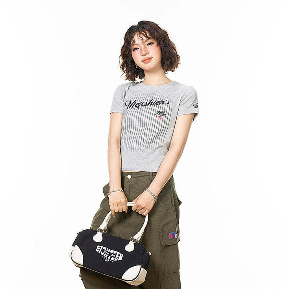 美式復古條紋字母印花正肩短袖t恤女新款夏季辣妹修身上衣