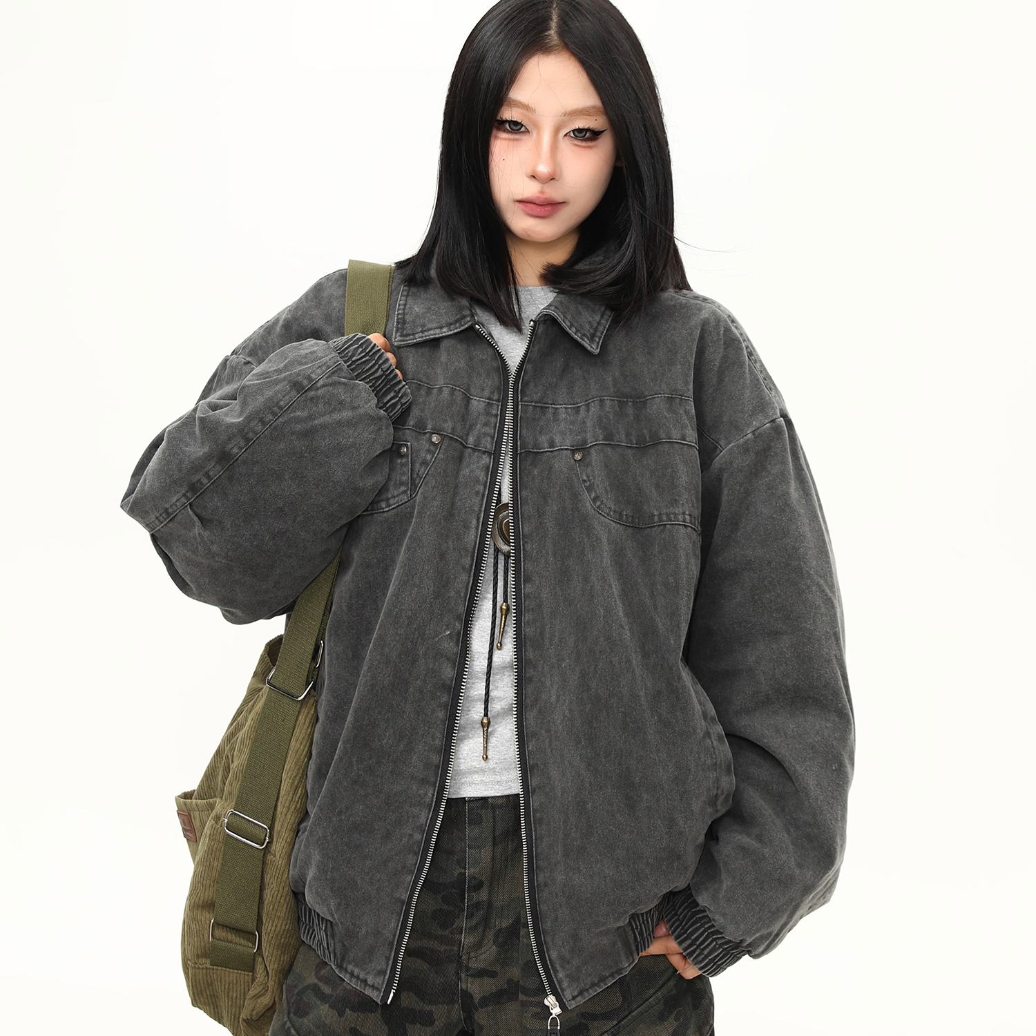 美式水洗重磅工裝棉服外套女冬季新款加棉潮牌翻領夾克