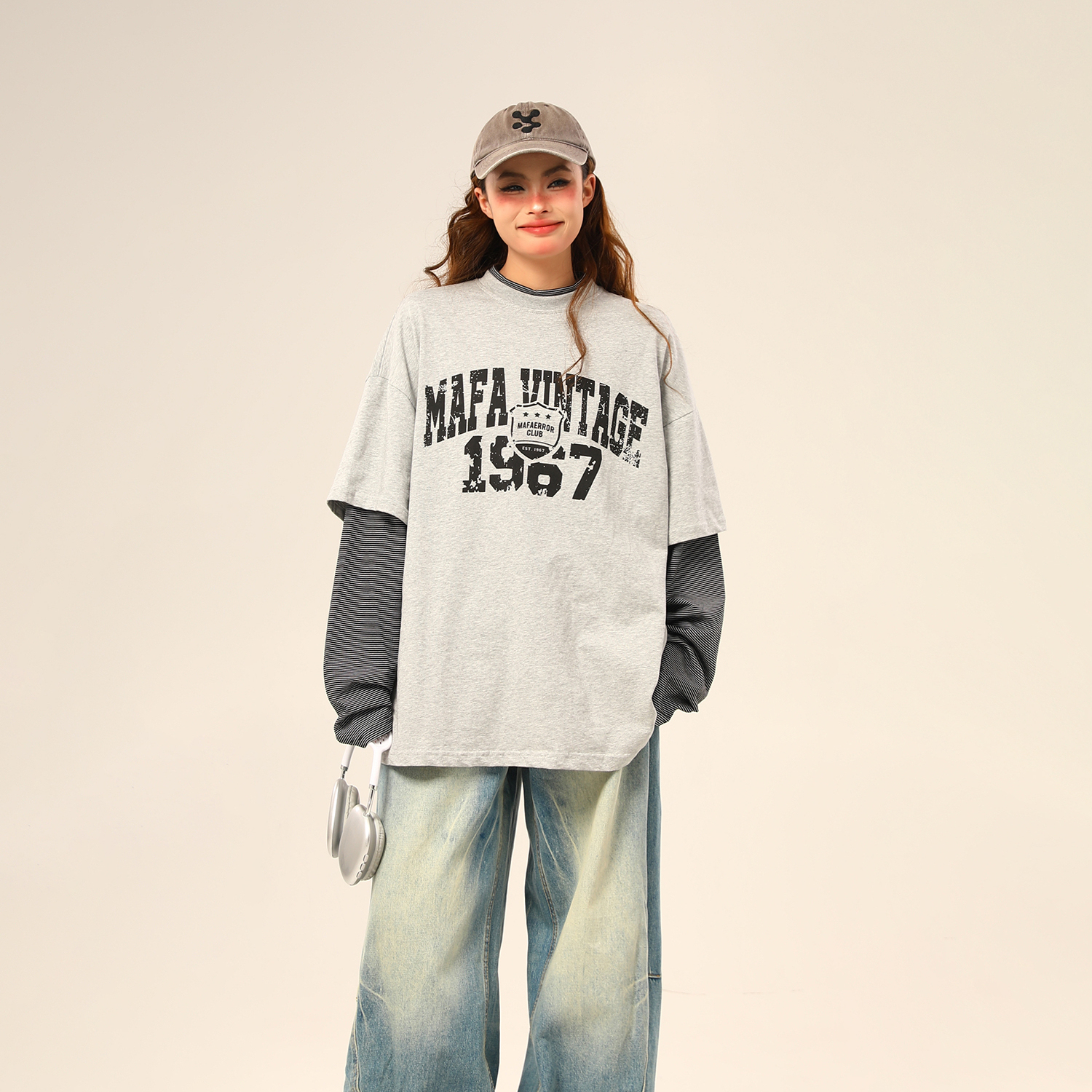 美式復古假兩件長袖衛衣女字母印花百搭上衣