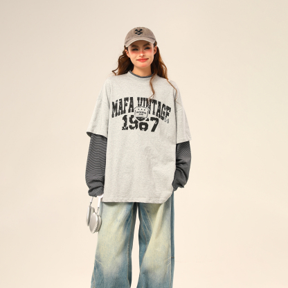 美式復古假兩件長袖衛衣女字母印花百搭上衣