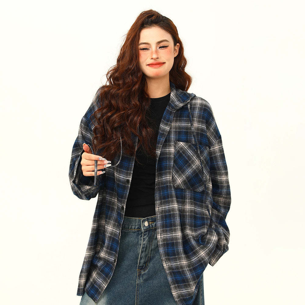 美式復古撞色格紋高級感連帽長袖襯衫女街頭寬鬆潮牌襯衣