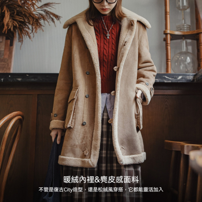 復古巴恩風皮毛一體立翻領中長款加絨夾棉服襖大衣外套秋冬女