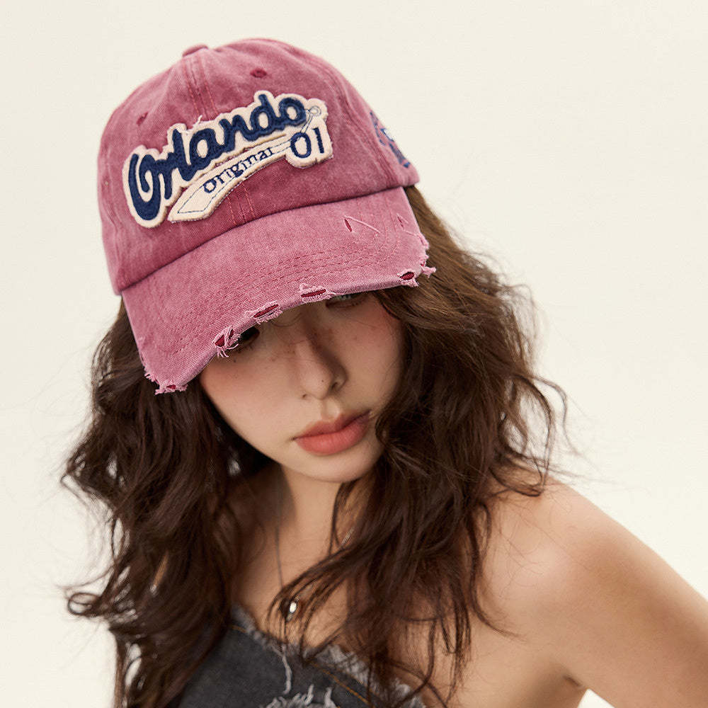 美式水洗復古顯白酒紅色破洞做舊鴨舌帽子女顯臉小寬簷牛仔棒球帽