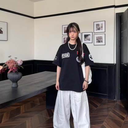 美式復古毛巾繡花短袖女寬鬆夏季新款休閒T恤半袖