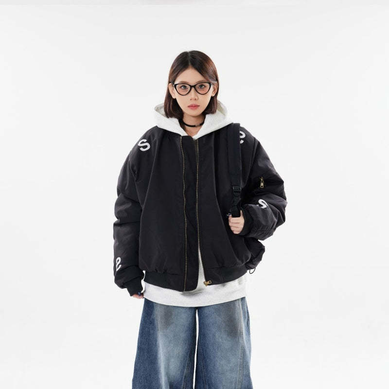 美式復古刺繡字母飛行夾克寬鬆百搭外套棉服高街