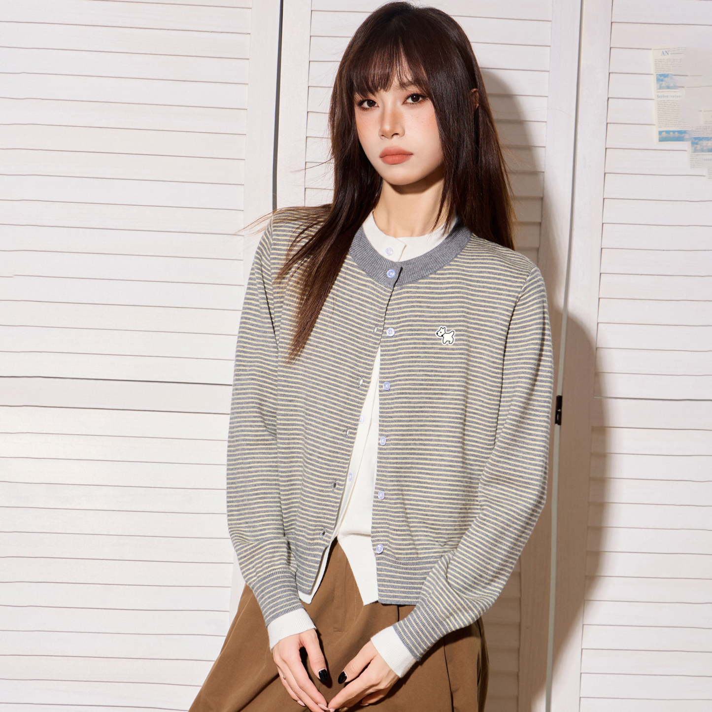 美式灰色條紋假兩件長袖針織開衫毛衣女秋冬短款內搭打底外套上衣