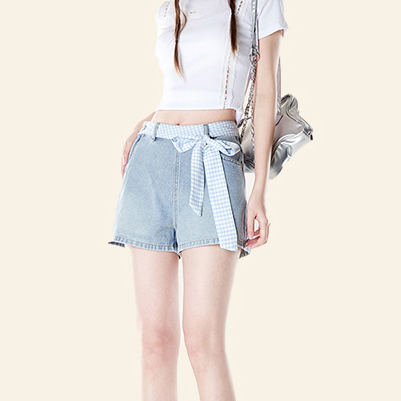 藍白格子蝴蝶結拼接短褲女夏季新款少女感淺色熱褲顯瘦褲子